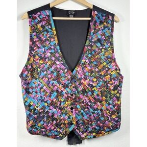 Vtg 90s Shelly & Co. Quilted Woven Vest Colorful M Art Teacher Eclectic Mosiac